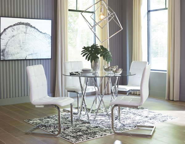Madanere-Chrome Finish/White-5pc.-Round Dining Room Table, 4 Side Chairs